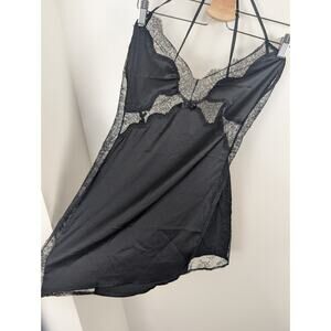 Victoria's Secret Medium M Black Satin Lace Slip Dress Nightie Lingerie Babydoll